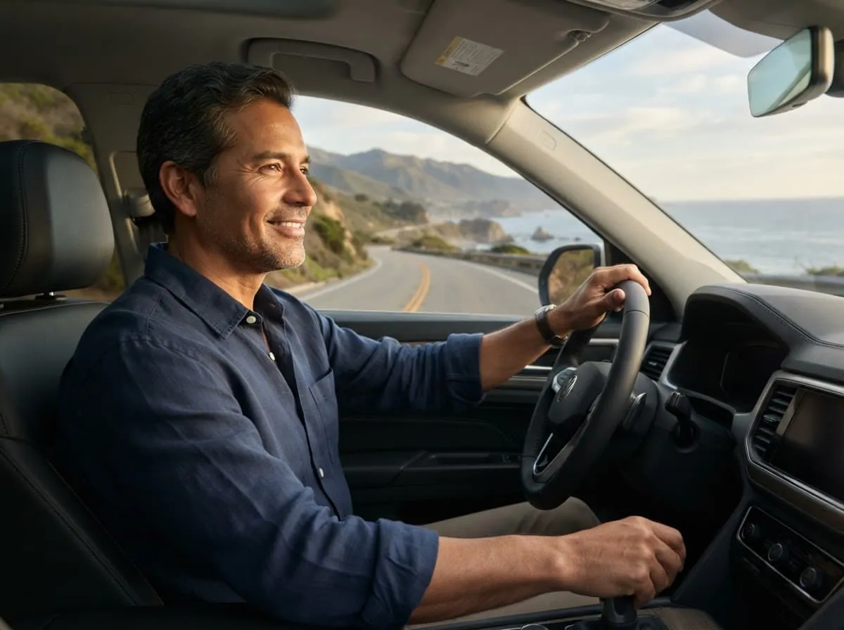 Hombre conduciendo con tranquilidad por una carretera junto al mar