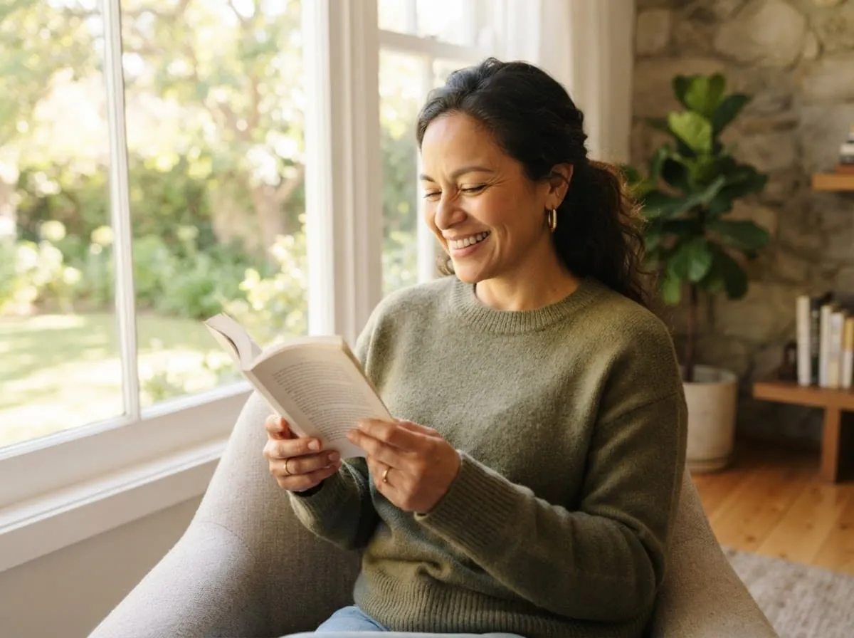 Mujer leyendo un libro en un sillón junto a una ventana