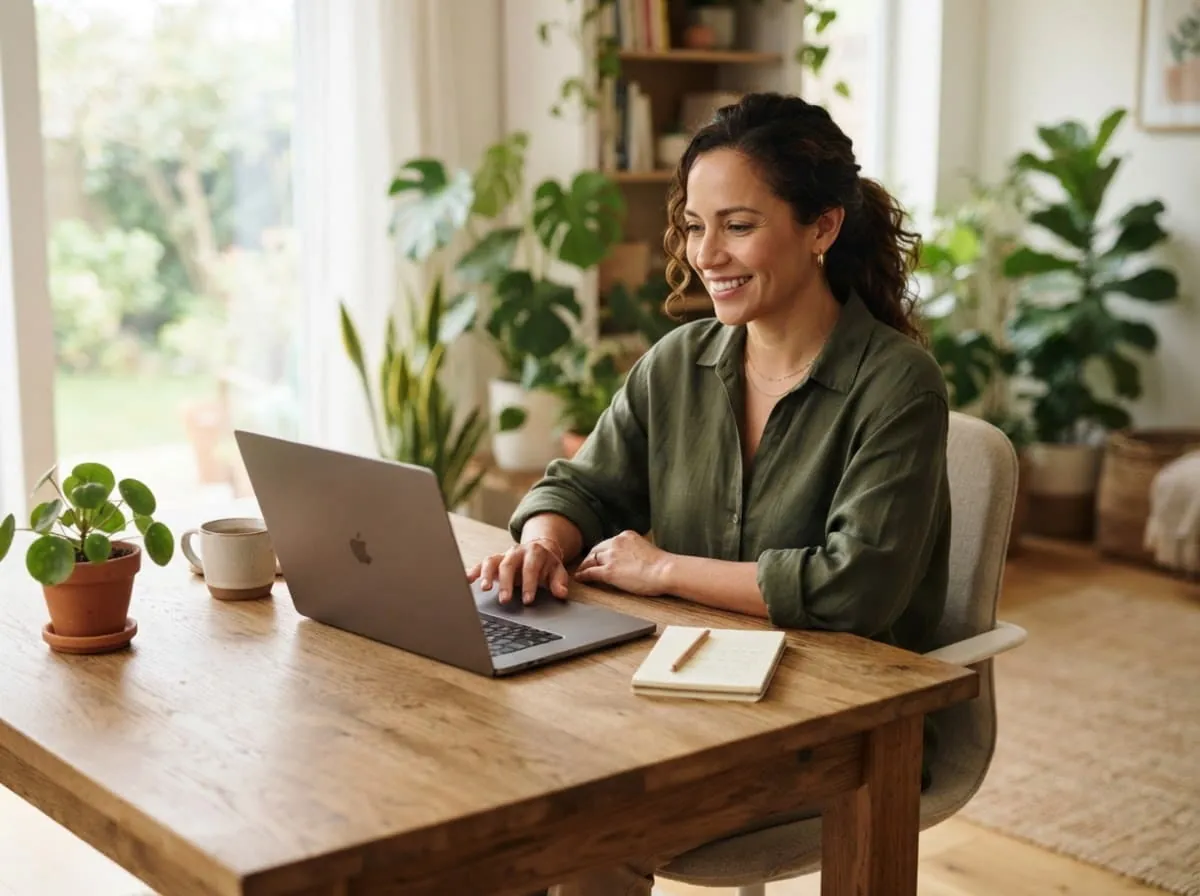 Mujer sonriente trabajando con un portátil en una mesa junto a una ventana luminosa
